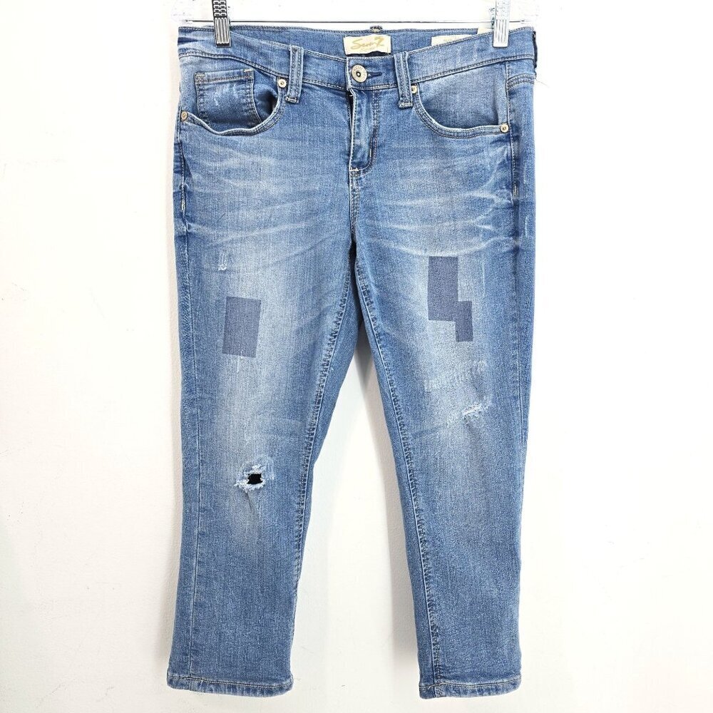 Seven 7 90s Y2K Light Washed Distressed Patch Ankle Crop Denim Jeans